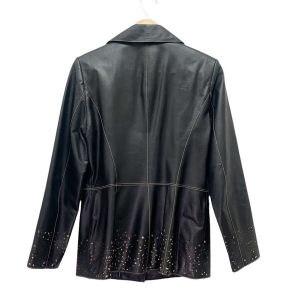 Vintage Classiques Entier Black Leather 3-Button Blazer Lasercut Trim Sz 10 Y2K - Picture 3 of 15